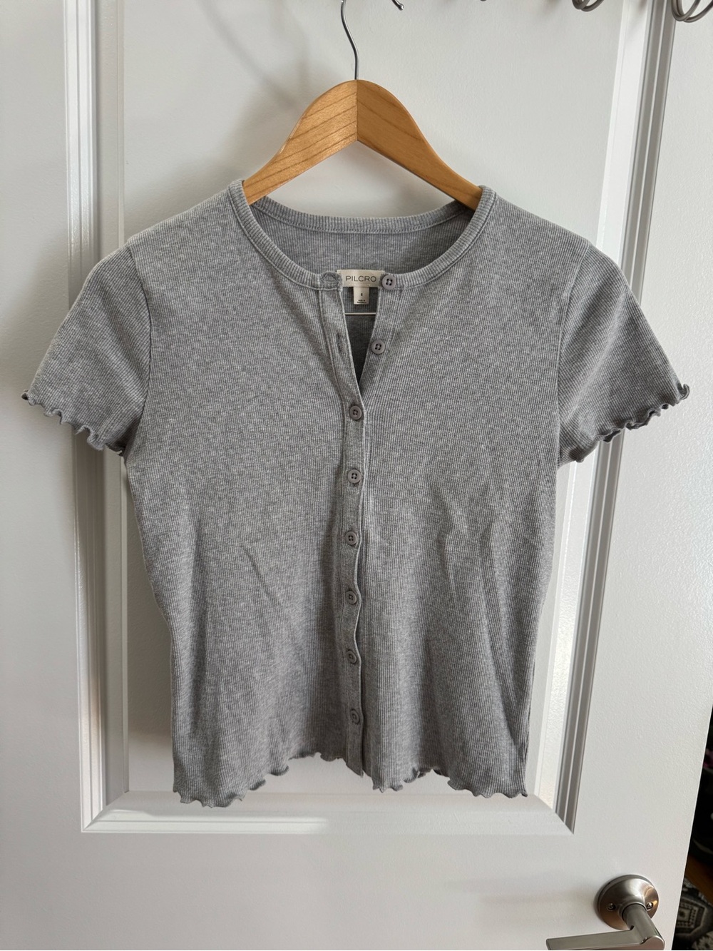 Pilcro Short-Sleeve Ribbed Cardigan Top Heather Grey size S